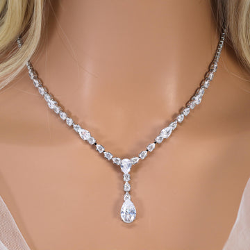 Swarovski Bridal Dainty Teardrop Necklace, Long Bridal Jewelry, Art Deco Bridal Necklace, Statement Necklace Necklace Set.
